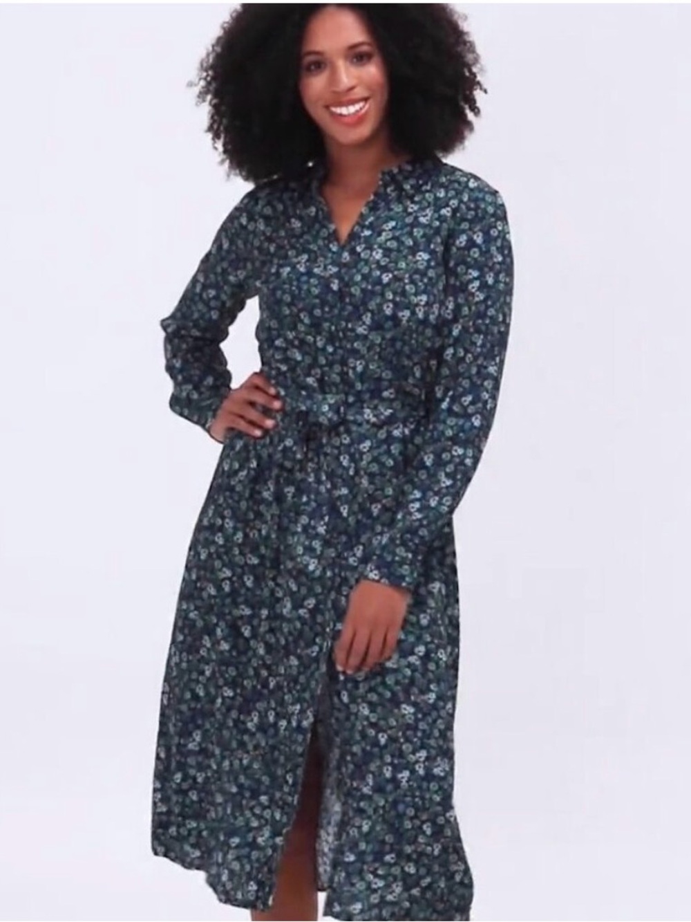 Joules Aurelie Navy Ditsy Long-Sleeve Tie-Waist Midi Dress Floral Size 6